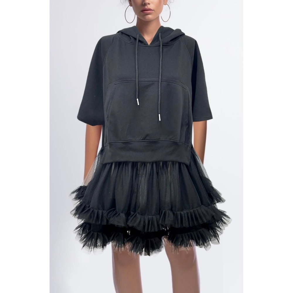 NWT Ashley Stewart Tulle Hoodie Dress XXL Black Ruffle Romantic Goth Grunge